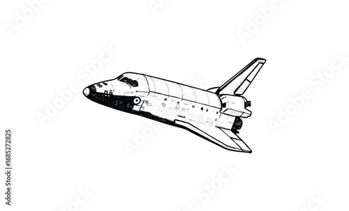 Black and white space shuttle drawing. Vector retro hand drawn illustration