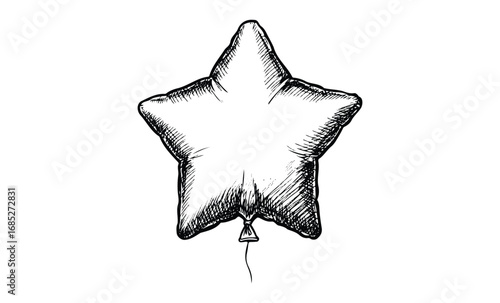 Black and white sketch of star-shaped balloon with string. Vector retro hand drawn illustration