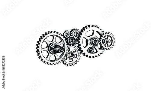 Intricate black and white gear mechanism depiction. Vector retro hand drawn illustration
