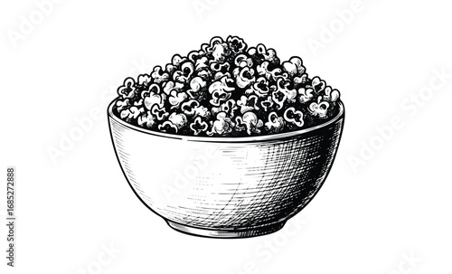 Hand-drawn bowl of popcorn sketch with detailed line art. Vector retro hand drawn illustration