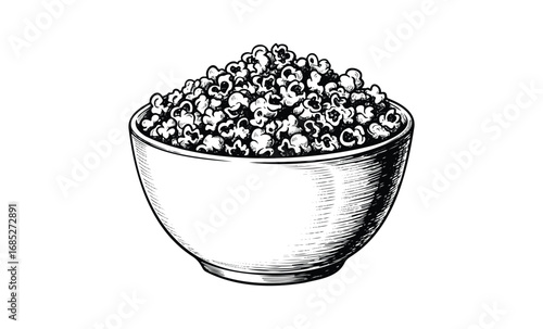 Hand-drawn bowl of popcorn: black and white illustrative design. Vector retro hand drawn illustration
