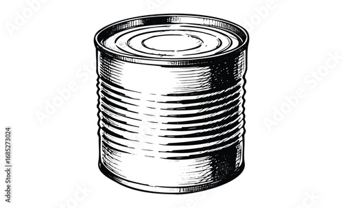 Hand-drawn vintage metal can illustration with detailed shading. Vector retro hand drawn illustration