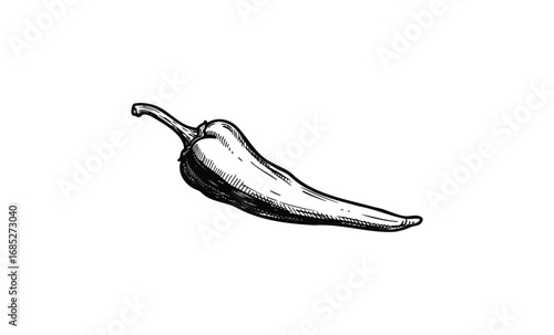 Vintage black and white illustration of a chili pepper. Vector retro hand drawn illustration