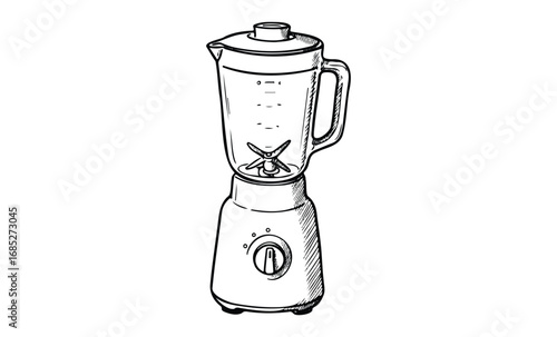 Hand-drawn blender sketch in black and white with detailed blender base and pitcher. Vector retro hand drawn illustration