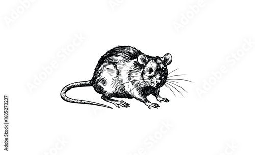 Detailed black ink drawing of a mouse. Vector retro hand drawn illustration