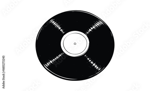 Classic black vinyl record on white background reflecting music nostalgia. Vector retro hand drawn illustration