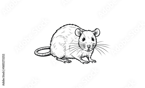 Detailed black and white illustration of a rat with long whiskers. Vector retro hand drawn illustration