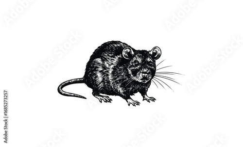 Detailed black and white illustration of a rat with textured fur. Vector retro hand drawn illustration