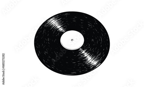 Black vinyl record on white background with visible grooves. Vector retro hand drawn illustration