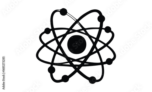 Atomic structure symbol with electrons orbiting central nucleus. Vector retro hand drawn illustration