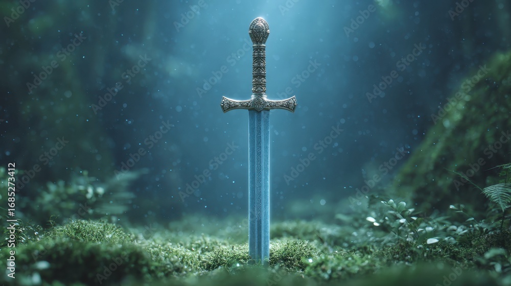 Naklejka premium Enchanted Sword Stabbing Firmly into Lush Green Forest Ground in Mystical Environment with Soft Atmospheric Light and Gentle Mist Surrounding It