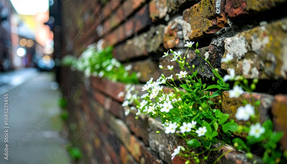 Obraz premium White flowers sprout from aged brick wall