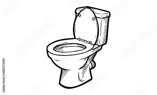 Black and white sketch of toilet with open lid and seat. Vector retro hand drawn illustration