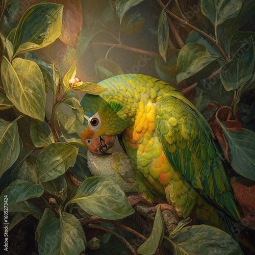A radiant green and yellow parrot gently feeding its tiny chick among lush tropical foliage,