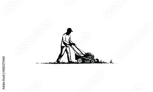 Silhouette of a male lawn mower operator cutting grass. Vector retro hand drawn illustration