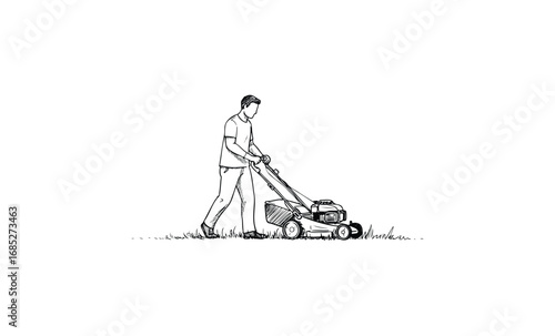 Young caucasian male mowing lawn with gasoline lawn mower. Vector retro hand drawn illustration