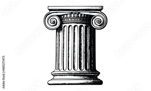 Intricate ancient ionic column capital with scrolls and fluting details. Vector retro hand drawn illustration