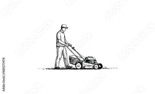 Caucasian male adult lawn mowing illustration with lawn mower. Vector retro hand drawn illustration