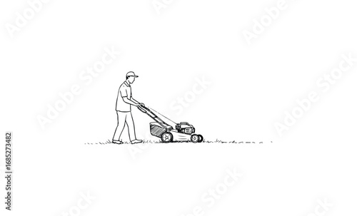 Male lawn mower outline art outdoor garden maintenance concept. Vector retro hand drawn illustration