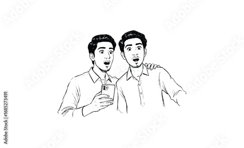 Surprised males viewing smartphone content, asian young adults in clever line art. Vector retro hand drawn illustration