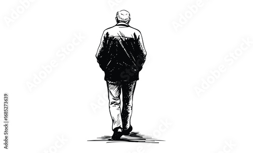 Elderly caucasian male walking alone in black jacket and white pants sketch. Vector retro hand drawn illustration