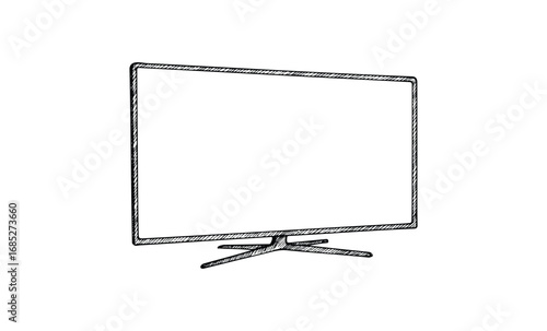Black and white sketch of modern flat-screen television. Vector retro hand drawn illustration