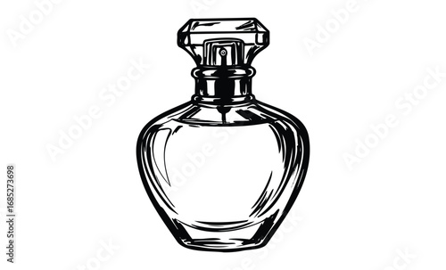 Elegant glass perfume bottle drawing with intricate details. Vector retro hand drawn illustration