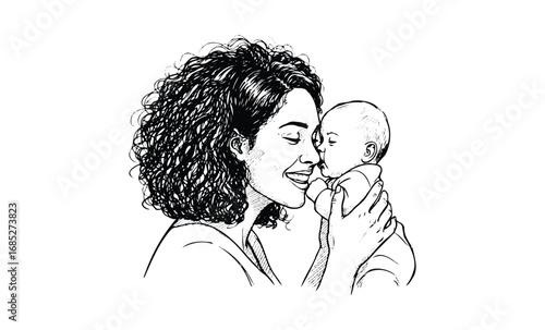 African female adult embracing baby with affectionate expression in sketch art. Vector retro hand drawn illustration