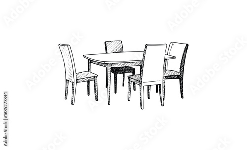 Sketch of modern rectangular dining table with four upholstered chairs. Vector retro hand drawn illustration
