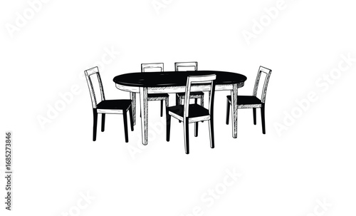Monochrome oval dining table with six chairs sketch. Vector retro hand drawn illustration