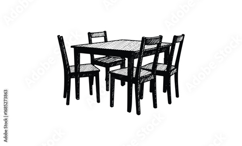 Classic black and white sketch of a dining table with four chairs. Vector retro hand drawn illustration