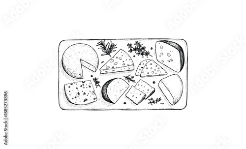 Hand-drawn cheese platter with various cheeses and herbs. Vector retro hand drawn illustration