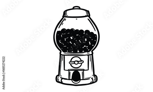 Black and white drawing of a vintage gumball machine filled with gum balls. Vector retro hand drawn illustration
