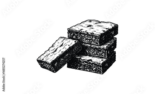Hand-drawn chocolate brownie stack illustration. Vector retro hand drawn illustration