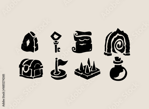 Set of Fantasy RPG Modern Black and White Dungeon Map Asset Pack Icons — Runestone, Key, Mini Map Scroll, Portal Gate, Chest, Trap, and Checkpoint Flag for Game UI and Adventure Design