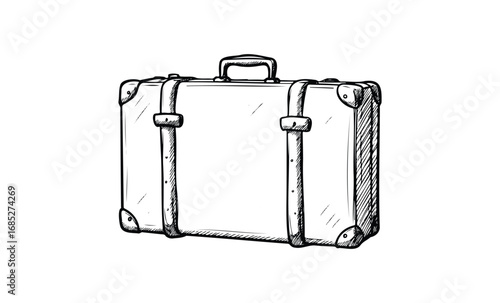Vintage suitcase illustration with straps in black and white sketch style. Vector retro hand drawn illustration