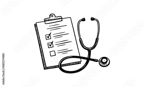 Hand-drawn medical equipment illustration: stethoscope and checklist. Vector retro hand drawn illustration