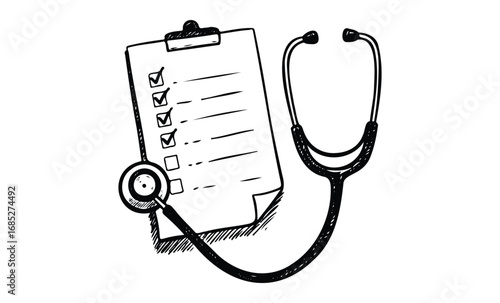 Illustration of a stethoscope and checklist on clipboard. Vector retro hand drawn illustration