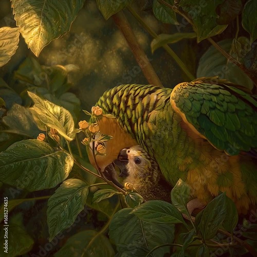 A radiant green and yellow parrot gently feeding its tiny chick among lush tropical foliage,