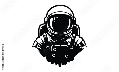 Black and white astronaut illustration with helmet and suit details. Vector retro hand drawn illustration