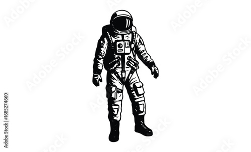 Black and white astronaut illustration in full space suit. Vector retro hand drawn illustration
