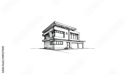 Modern minimalist two-story house sketch with geometric lines and large windows. Vector retro hand drawn illustration