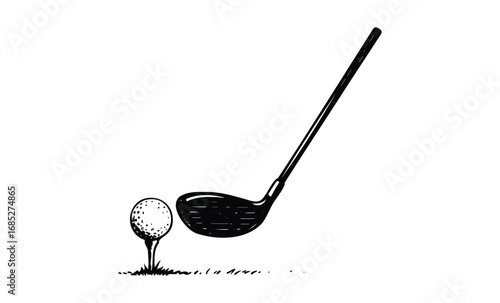 Minimalist black and white drawing of golf club and ball on tee. Vector retro hand drawn illustration