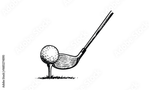 Sketch of golf club striking ball on tee. Vector retro hand drawn illustration