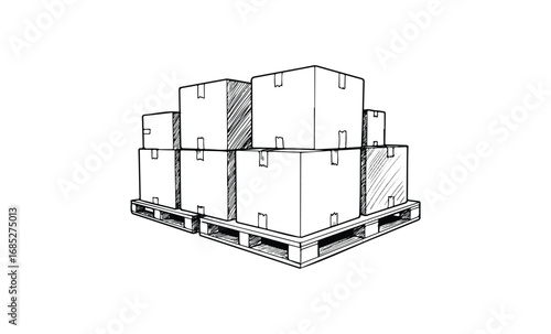 Stacked boxes on wooden pallet sketch: shipping and storage illustration. Vector retro hand drawn illustration