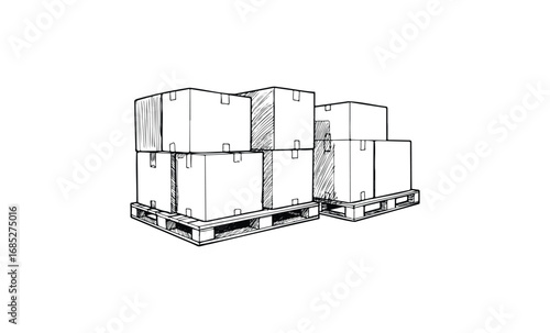 Sketch of stacked boxes on wooden pallets in warehouse setting. Vector retro hand drawn illustration