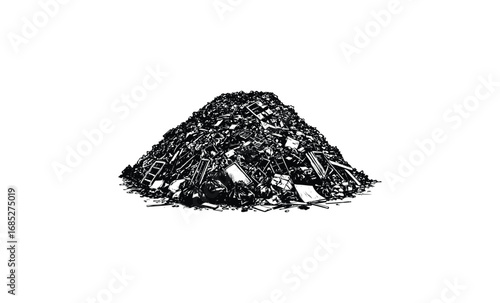 Large pile of discarded electronic waste illustrating environmental concern. Vector retro hand drawn illustration