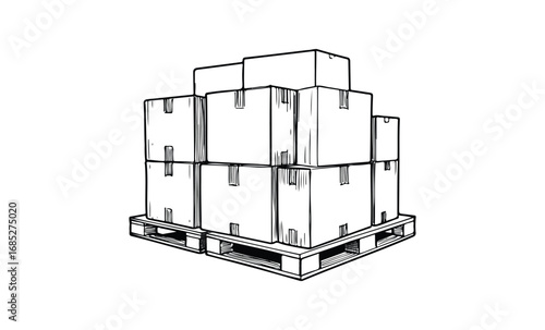 Black and white illustration of stacked cardboard boxes on wooden pallet. Vector retro hand drawn illustration