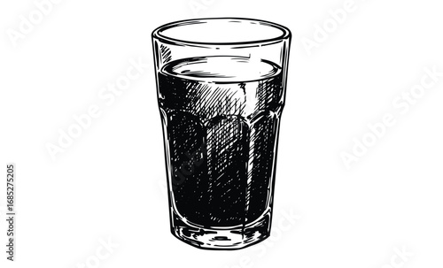 Black and white sketch of a tall glass of dark liquid. Vector retro hand drawn illustration
