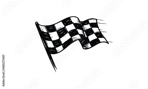 Sketch of a checkered racing flag waving on a pole. Vector retro hand drawn illustration